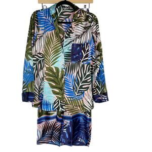 ASOS Design 4 Blue Tropical Border Print Satin Pajama Set Long Sleeve Top Pants